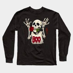 Funny Halloween Skeleton With a Red Rose In Its Mouth Long Sleeve T-Shirt